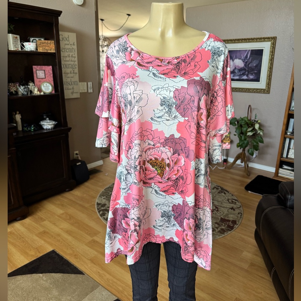 Romantichut 1726 pink floral short double layer sleeves tunic-size XL